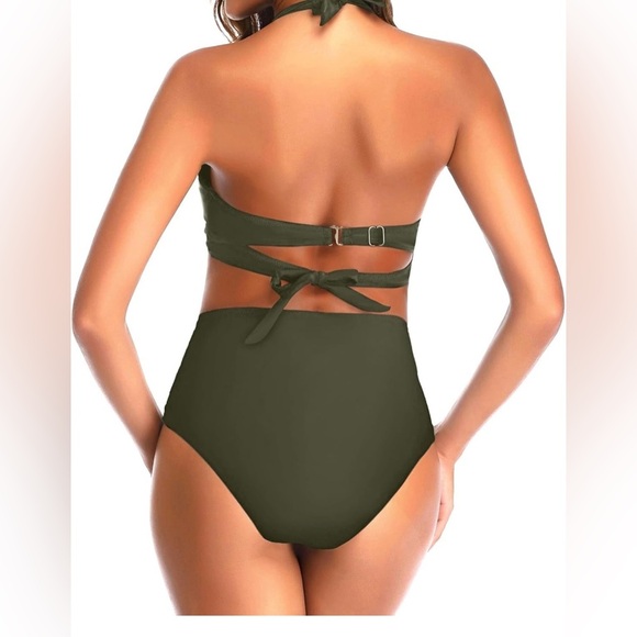 Tempt Me 2-pc retro style high waist ruched swimsuit bikini size Medium green - Picture 3 of 6